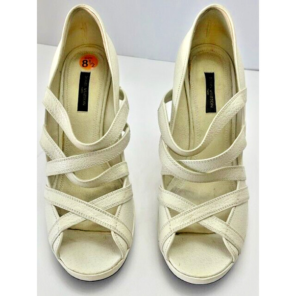 Vintage Louis Vuitton Ivory Cream Leather Strappy Platform Pumps Heels Sz 38.5 8 - Picture 3 of 16